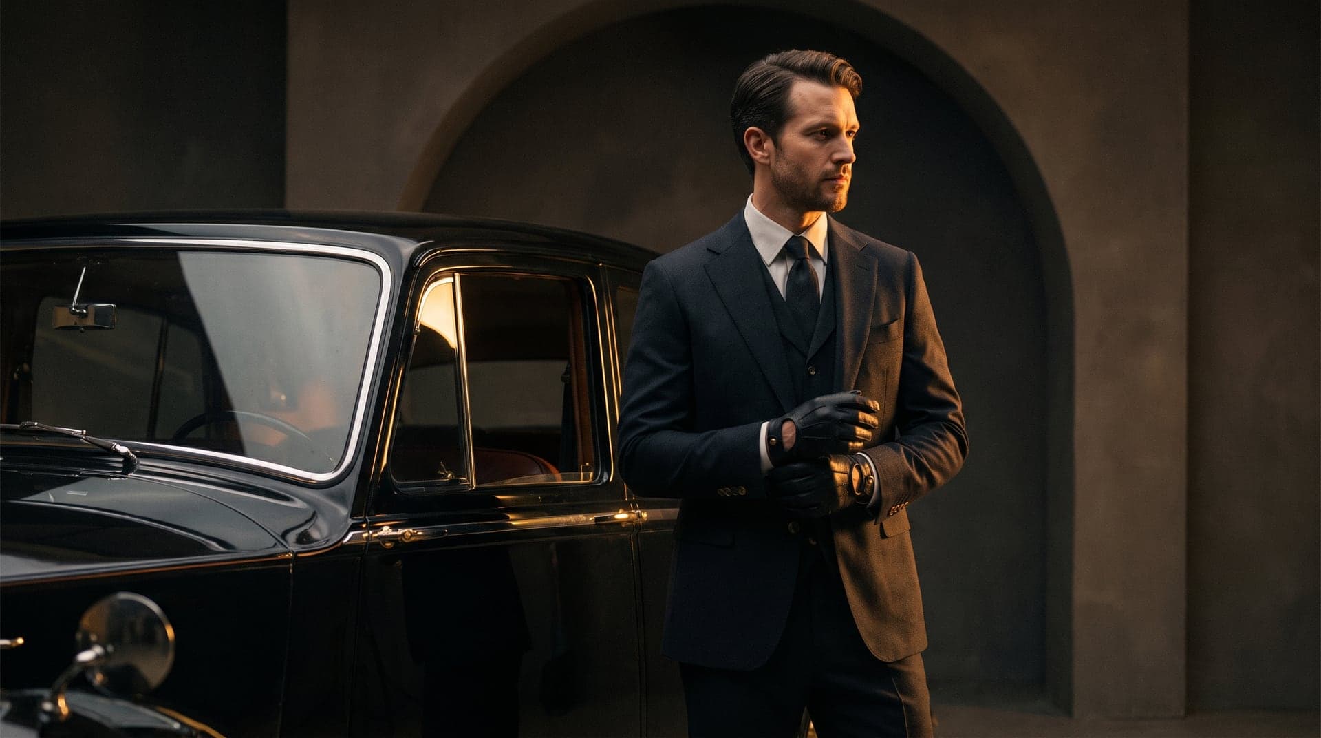 Chauffeur attire: three-piece suit and driving gloves beside a car